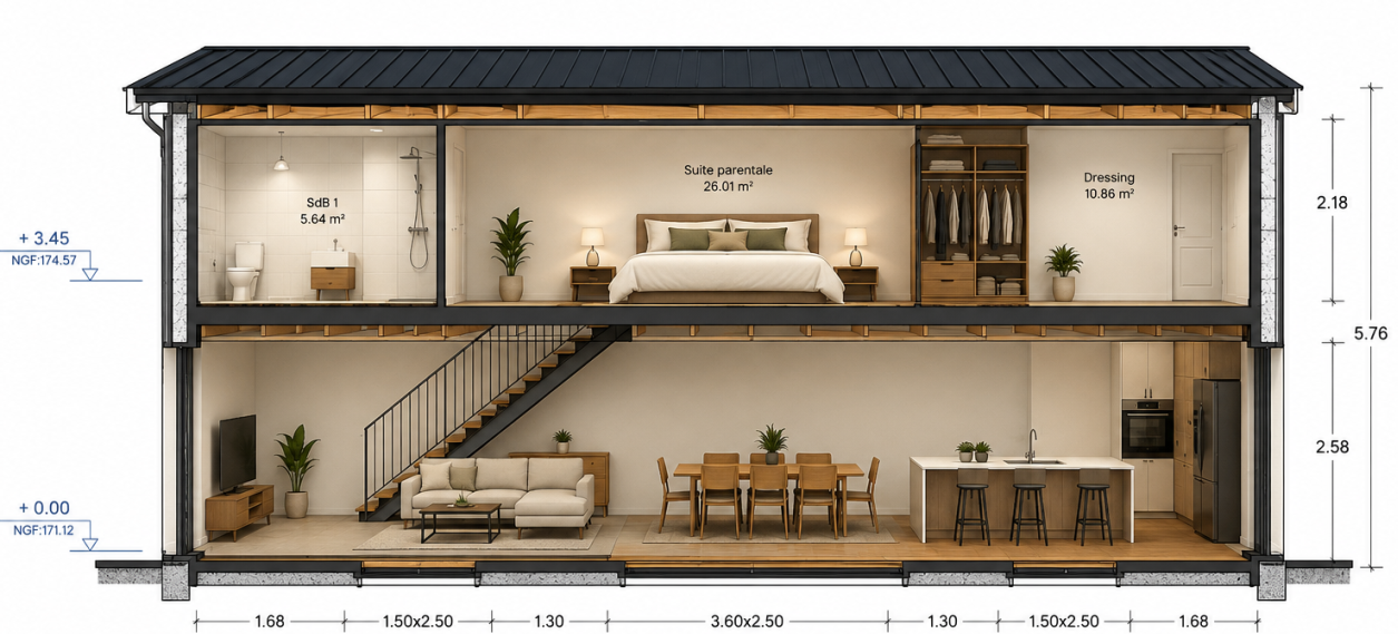 Coupe intérieure d'une maison en bois avec séjour et suite parentale