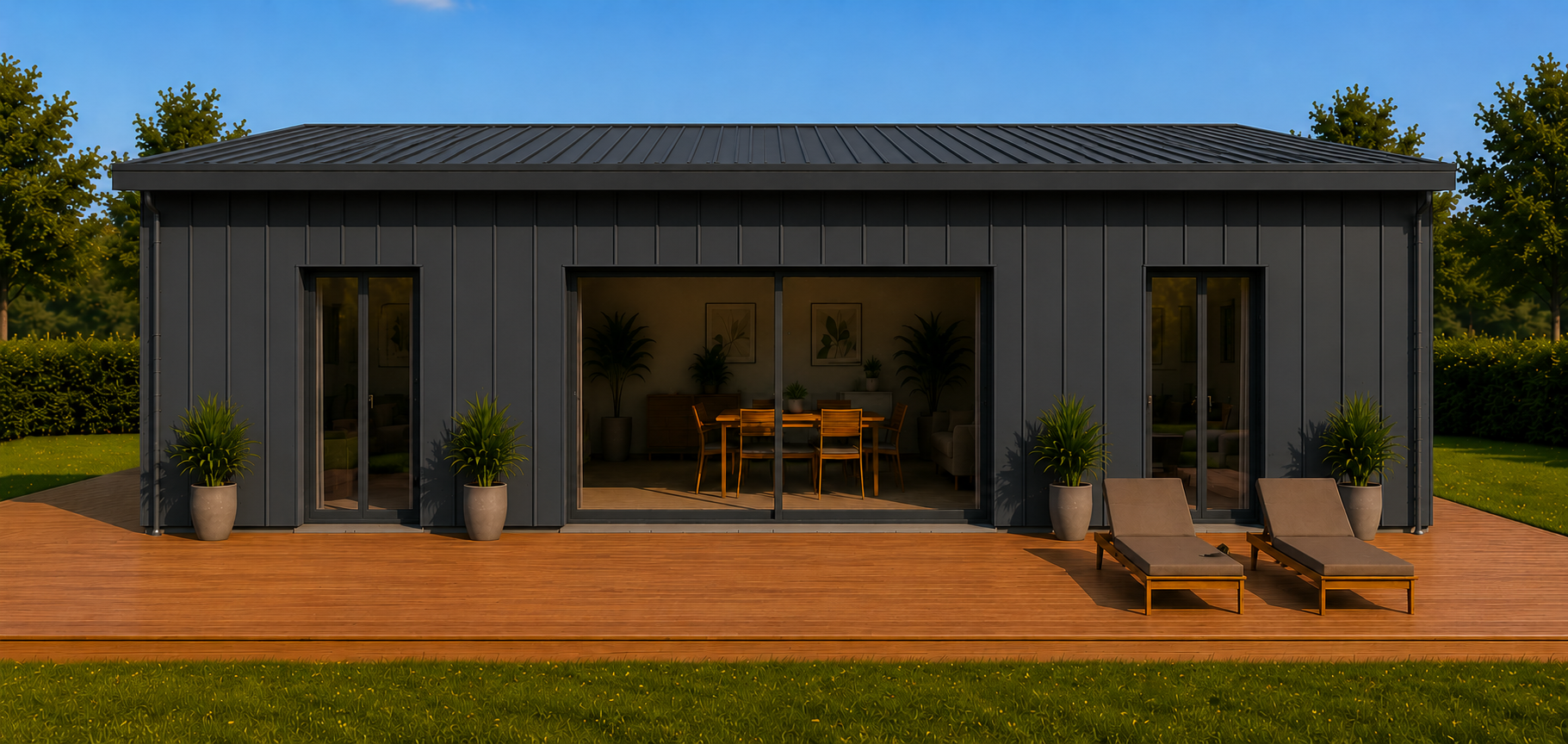 Façade arrière avec baies vitrées et terrasse bois